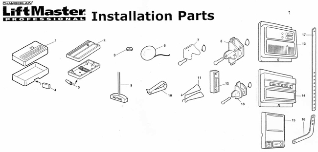 LiftMaster remote, wall control, installation parts and door arm diagram